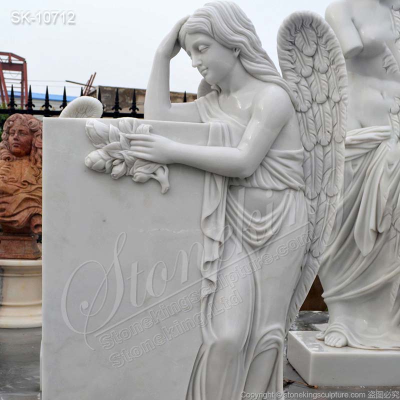 Hand Carved White Marble Angel Tombstone for Cemetery or Graveyard for sale