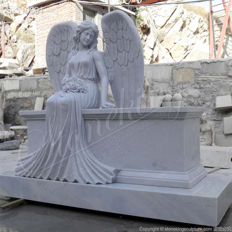 Factory Supplier Outdoor White Marble Sitting Grieving Angel Statue for Graves for sale 