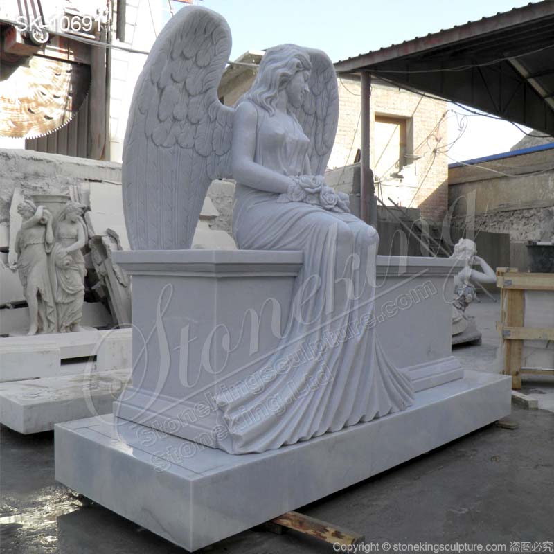 Factory Supplier Outdoor White Marble Sitting Grieving Angel Statue for Graves for sale 