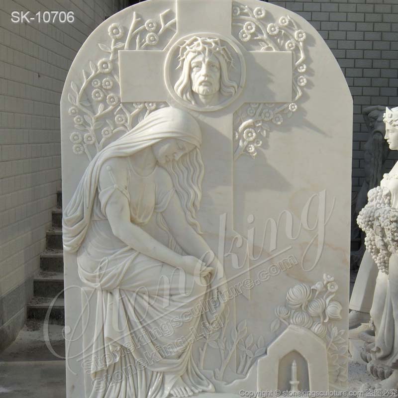 Hand Carved White Marble Headstone with Jesus and Cross for Gravesite for sale 