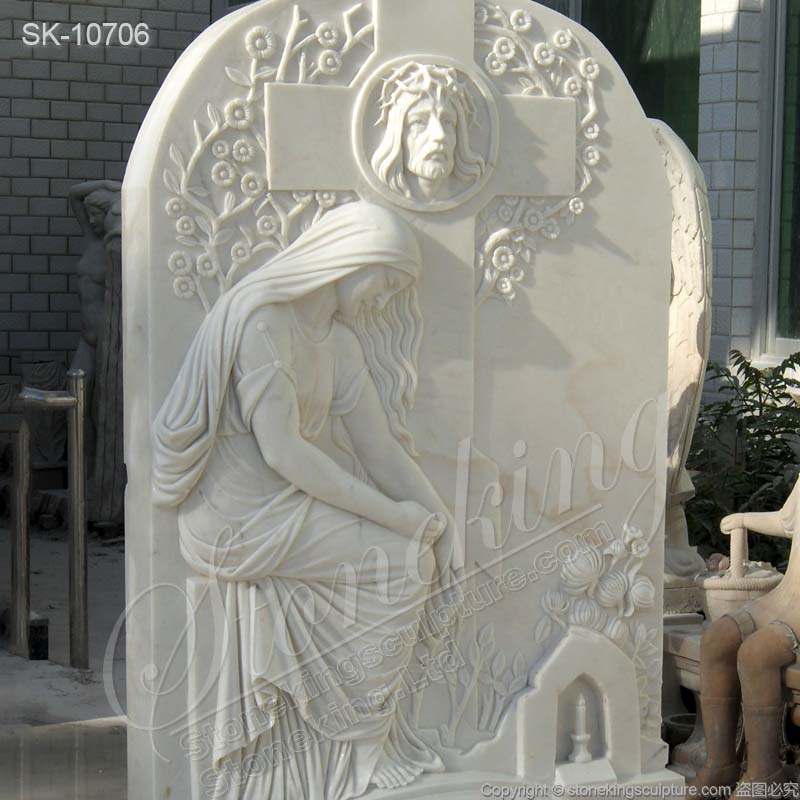 Hand Carved White Marble Headstone with Jesus and Cross for Gravesite for sale 