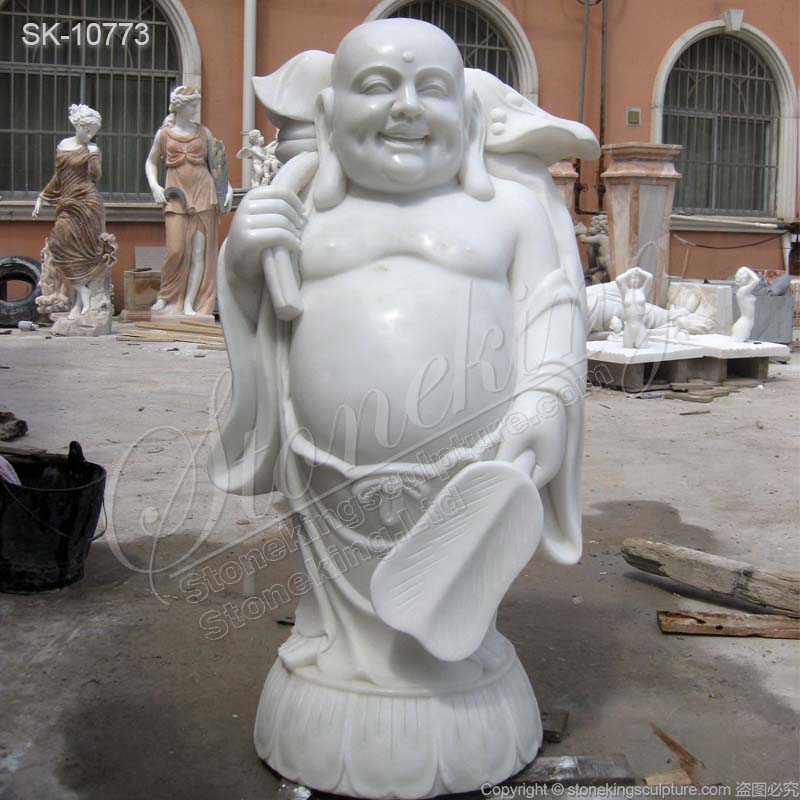 Factory Direct Supply White Marble Standing Happy Buddha Statue for Outdoor Decor for sale