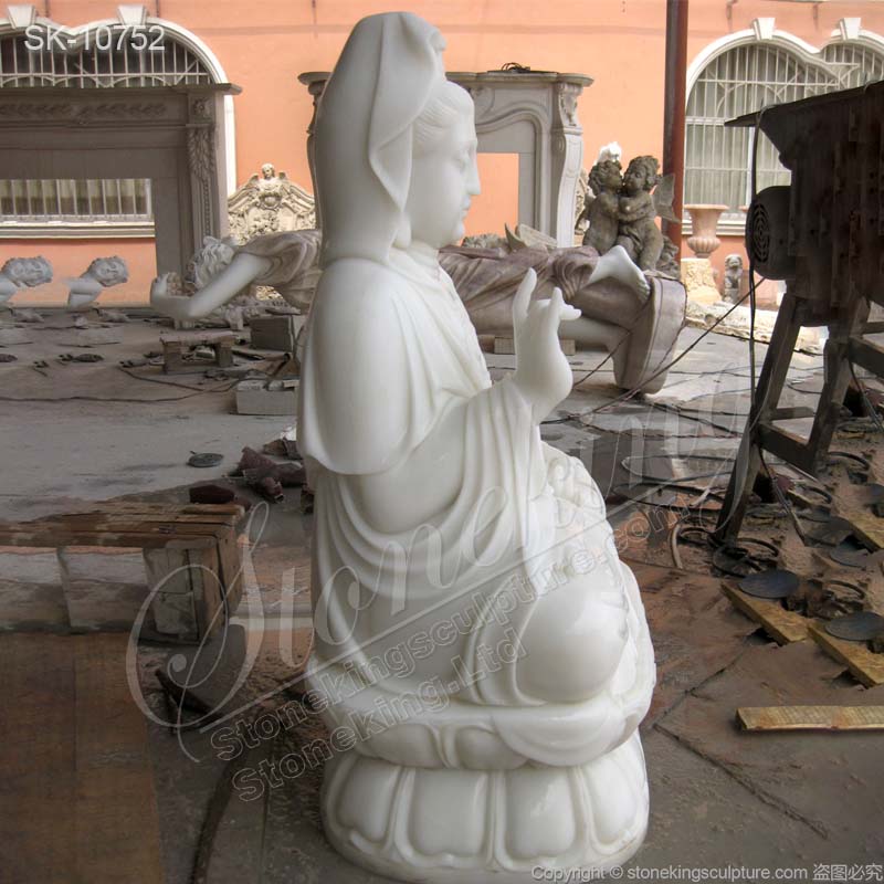 Outdoor Hand Carved White Marble Seated Guanyin Statue for Garden and Home Decor for sale 