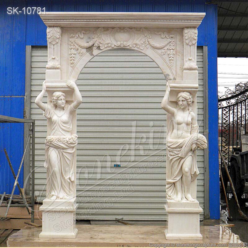 Factory Supply Hand Carved White Marble Arch Doorway with Woman Caryatid Sculptures for sale 