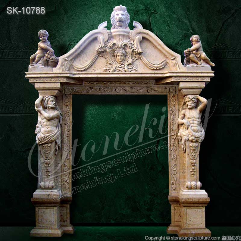 Custom Design Luxury Hand Carved Marble Entryway with Cherubs and Atlantes for sale