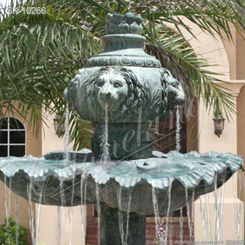 High Quality Green Marble Lion Head Water Fountain for Outdoor Garden or Patio for sale 