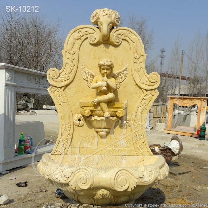 Egyptian Beige Marble Garden Wall Fountain with Angel for Outdoor Decor for sale 