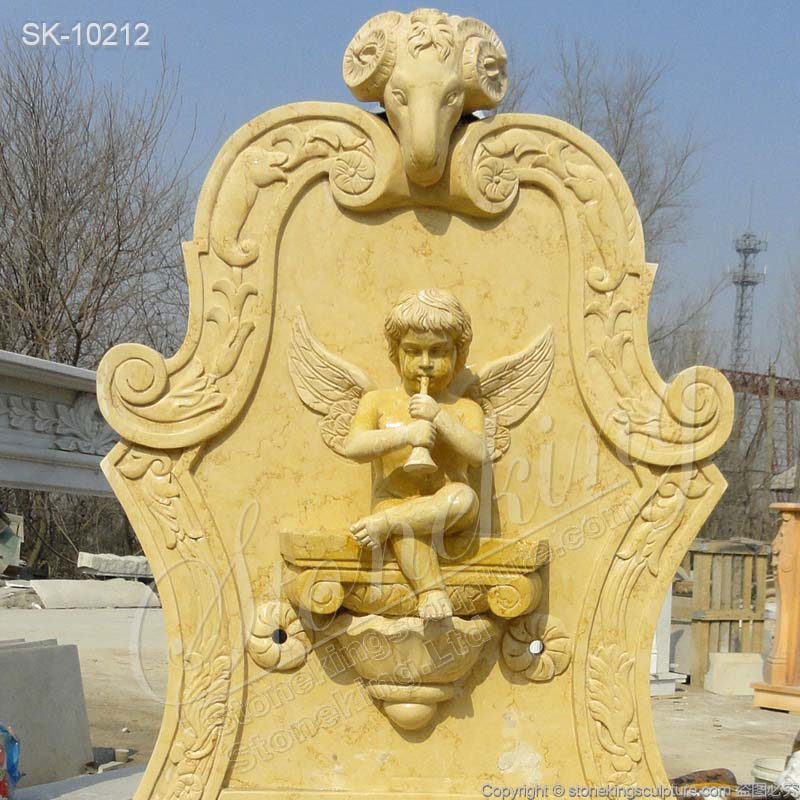 Egyptian Beige Marble Garden Wall Fountain with Angel for Outdoor Decor for sale 