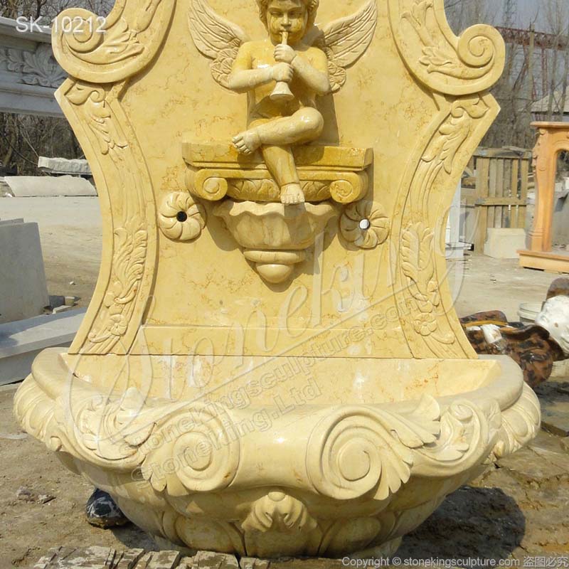 Egyptian Beige Marble Garden Wall Fountain with Angel for Outdoor Decor for sale 