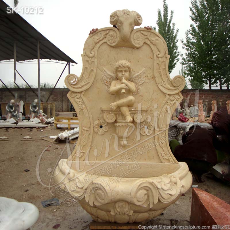 Egyptian Beige Marble Garden Wall Fountain with Angel for Outdoor Decor for sale 