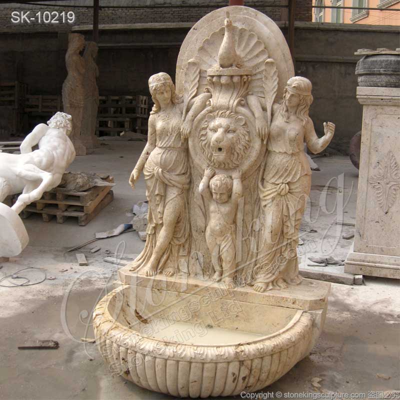 Yellow Travertine Stone Wall Fountain with Lion Head and Woman Sculptures for sale