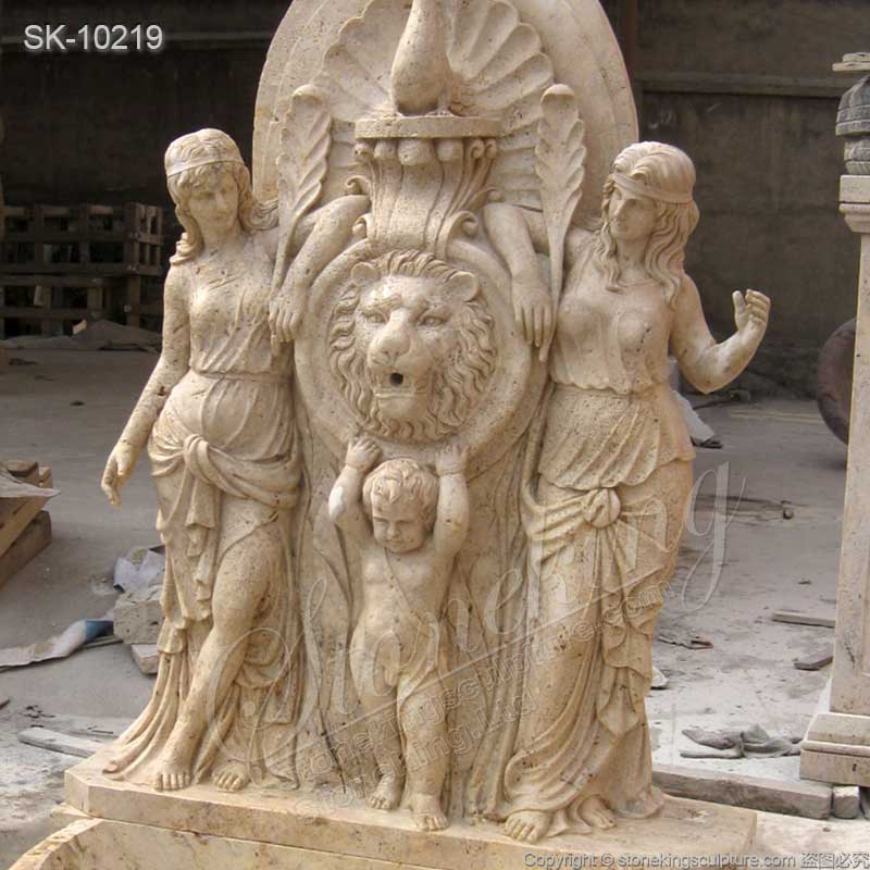 Yellow Travertine Stone Wall Fountain with Lion Head and Woman Sculptures for sale