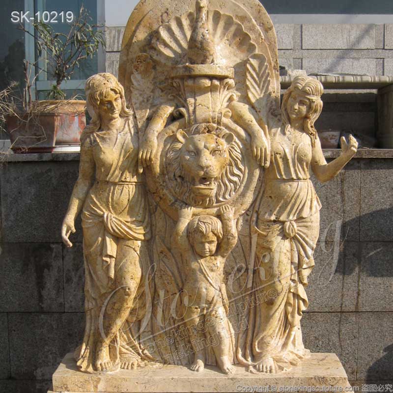 Yellow Travertine Stone Wall Fountain with Lion Head and Woman Sculptures for sale