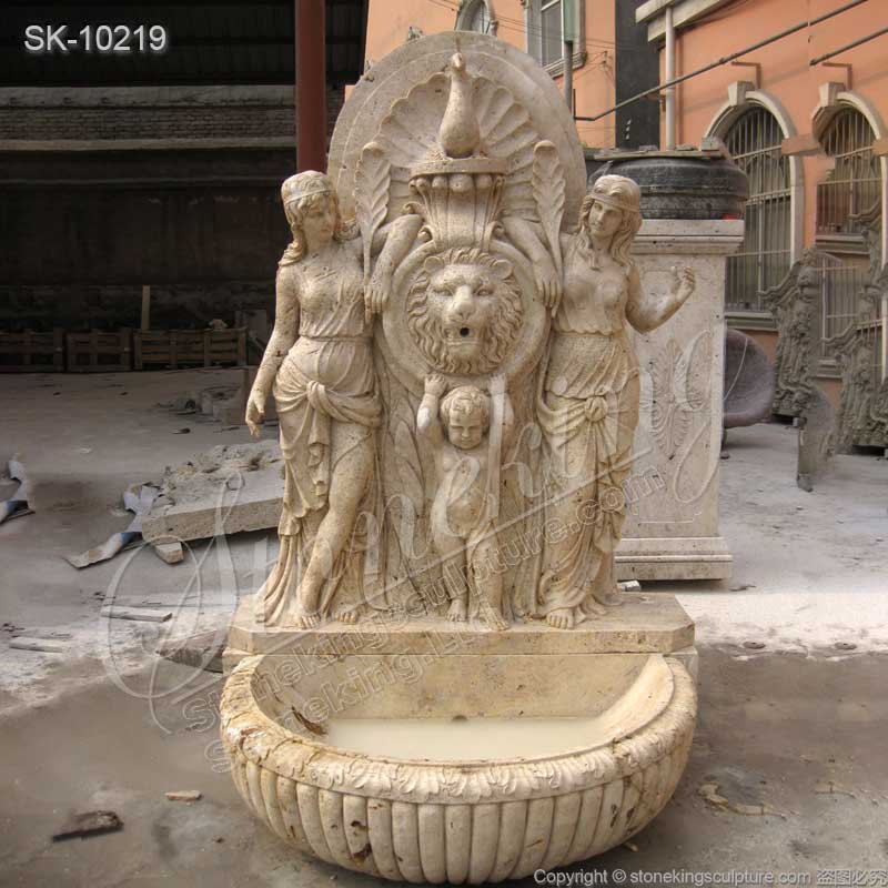 Yellow Travertine Stone Wall Fountain with Lion Head and Woman Sculptures for sale