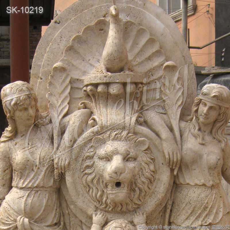 Yellow Travertine Stone Wall Fountain with Lion Head and Woman Sculptures for sale