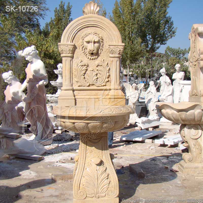 Factory Price Outdoor Yellow Marble Lion Wall Fountain for Garden and Patio for sale 