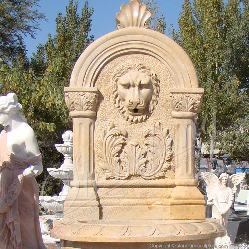 Factory Price Outdoor Yellow Marble Lion Wall Fountain for Garden and Patio for sale 