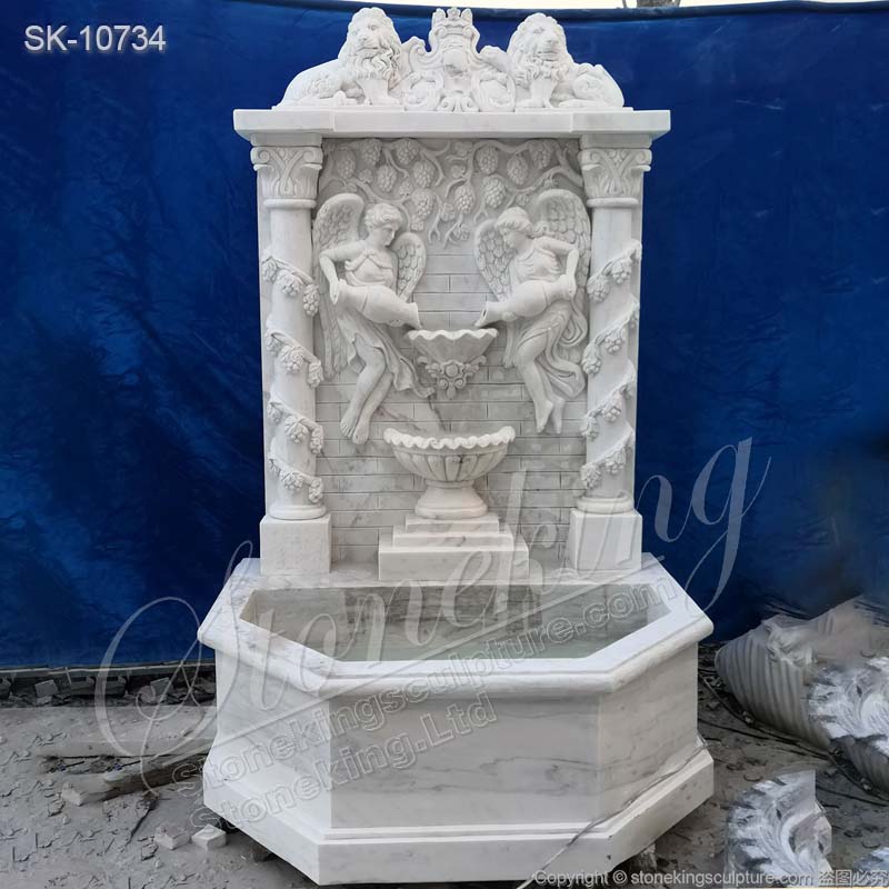 Hand Carved White Marble Exterior Wall Fountain for Garden and Backyard Decor for sale