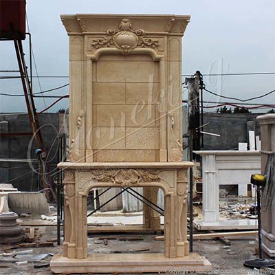 Factory Price Overmantel Beige Marble High Ceiling Fireplace for Living Room for sale 