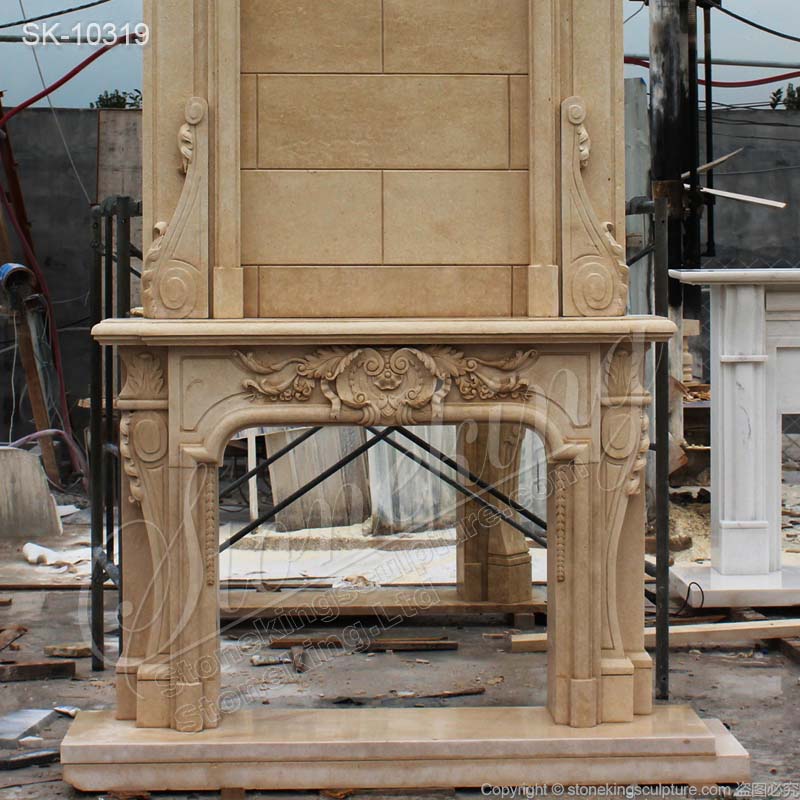 Factory Price Overmantel Beige Marble High Ceiling Fireplace for Living Room for sale 