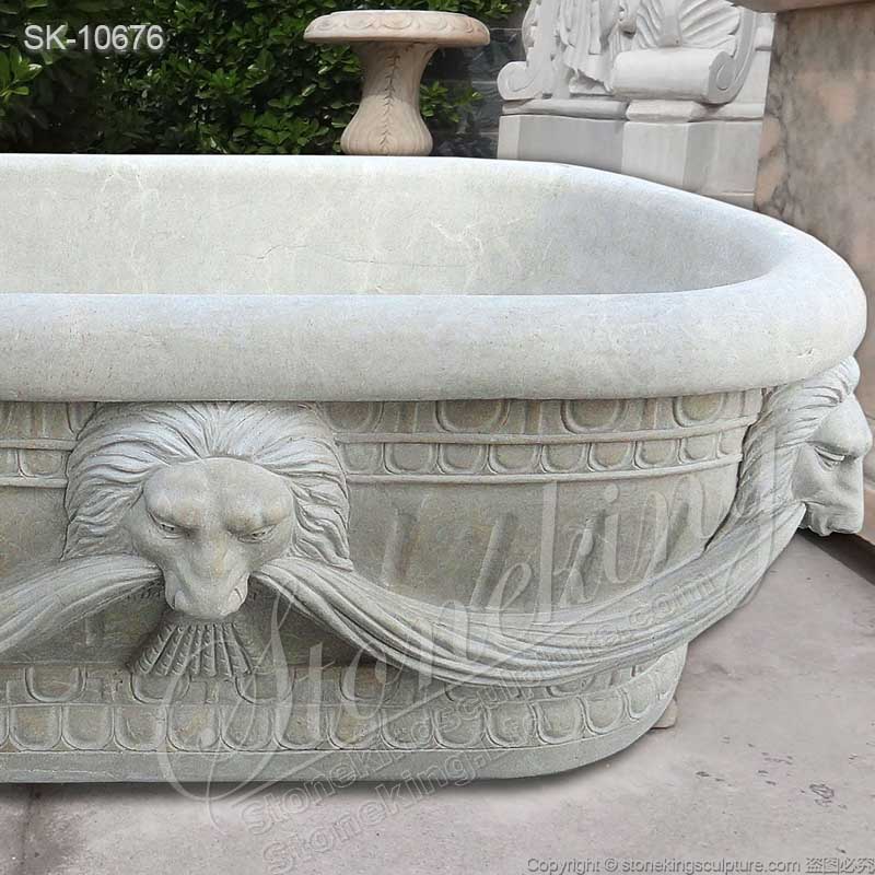 Wholesale Hand Carved Freestanding Oval Natural Stone Bathtub with Lion Head for sale 