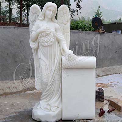 Factory Price Handcrafted White Marble Headstone with Angel Statue for Grave for sale 