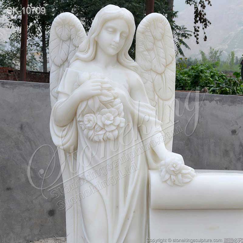 Factory Price Handcrafted White Marble Headstone with Angel Statue for Grave for sale 