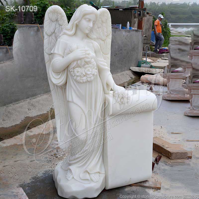 Factory Price Handcrafted White Marble Headstone with Angel Statue for Grave for sale 