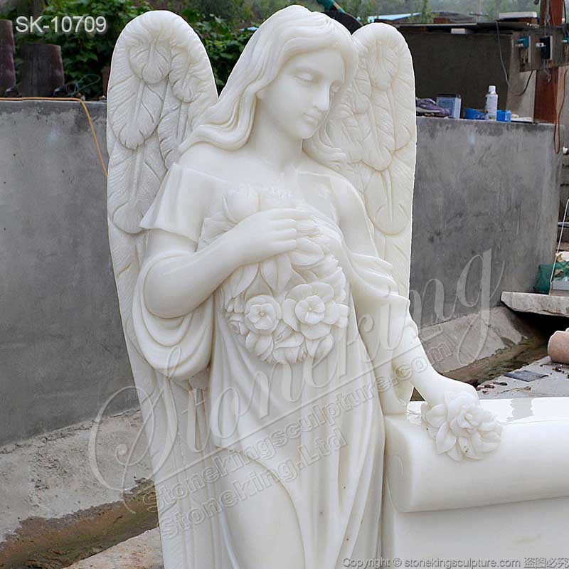 Factory Price Handcrafted White Marble Headstone with Angel Statue for Grave for sale 