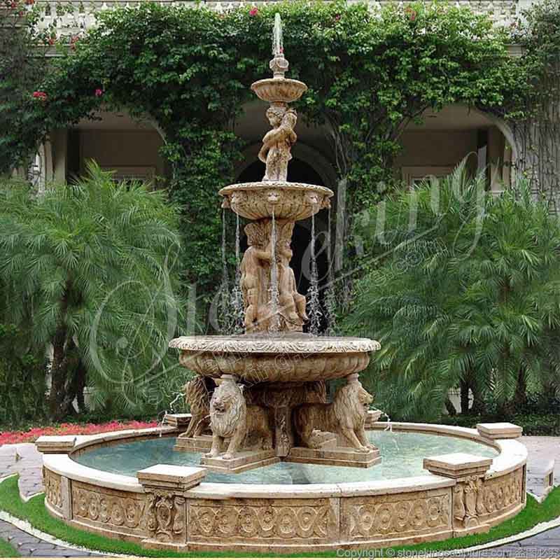 Large Outdoor Marble Fountain with Lion Statues for Garden and Home Decor for sale 