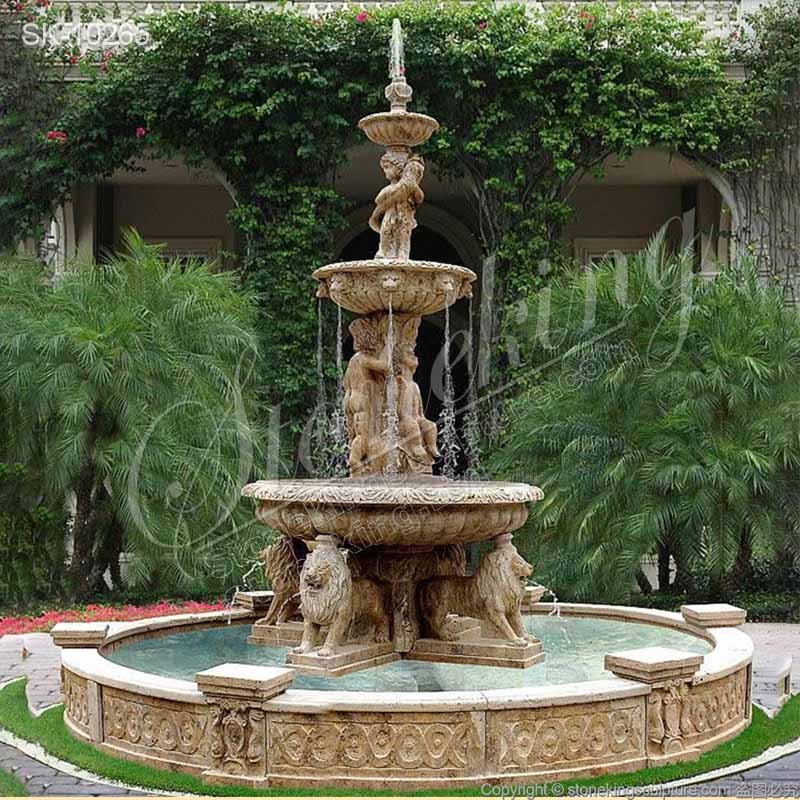 Large Outdoor Marble Fountain with Lion Statues for Garden and Home Decor for sale 